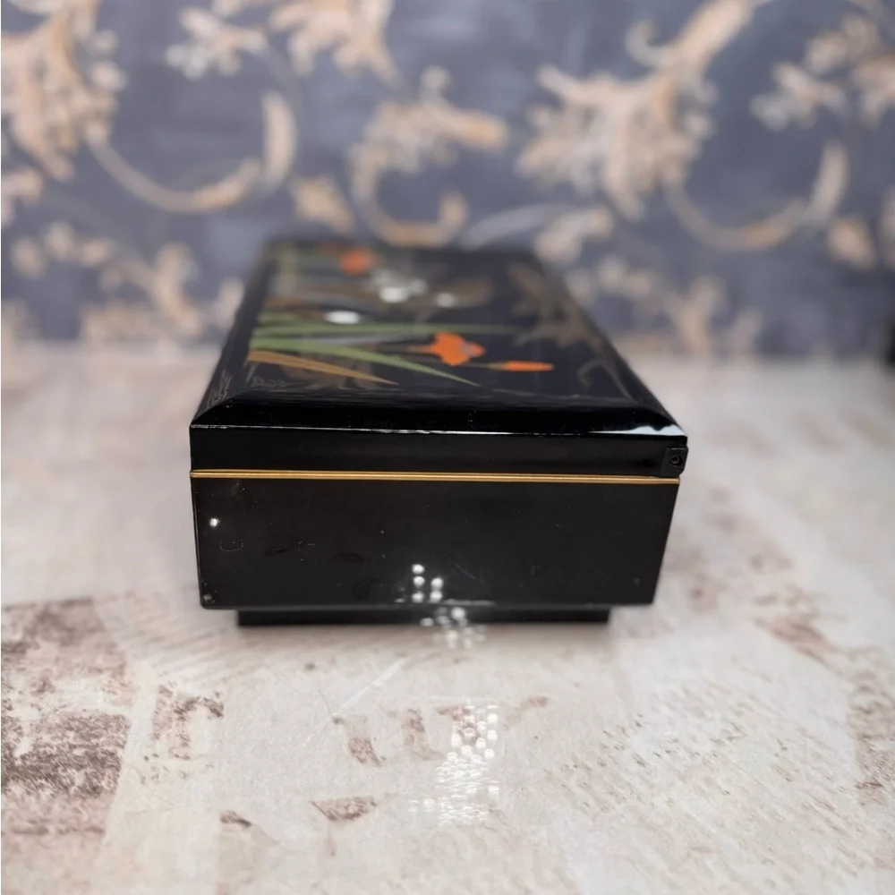 Vintage Black Lacquer Music Box Floral Inlay Jewelry Box Mirror Lid
